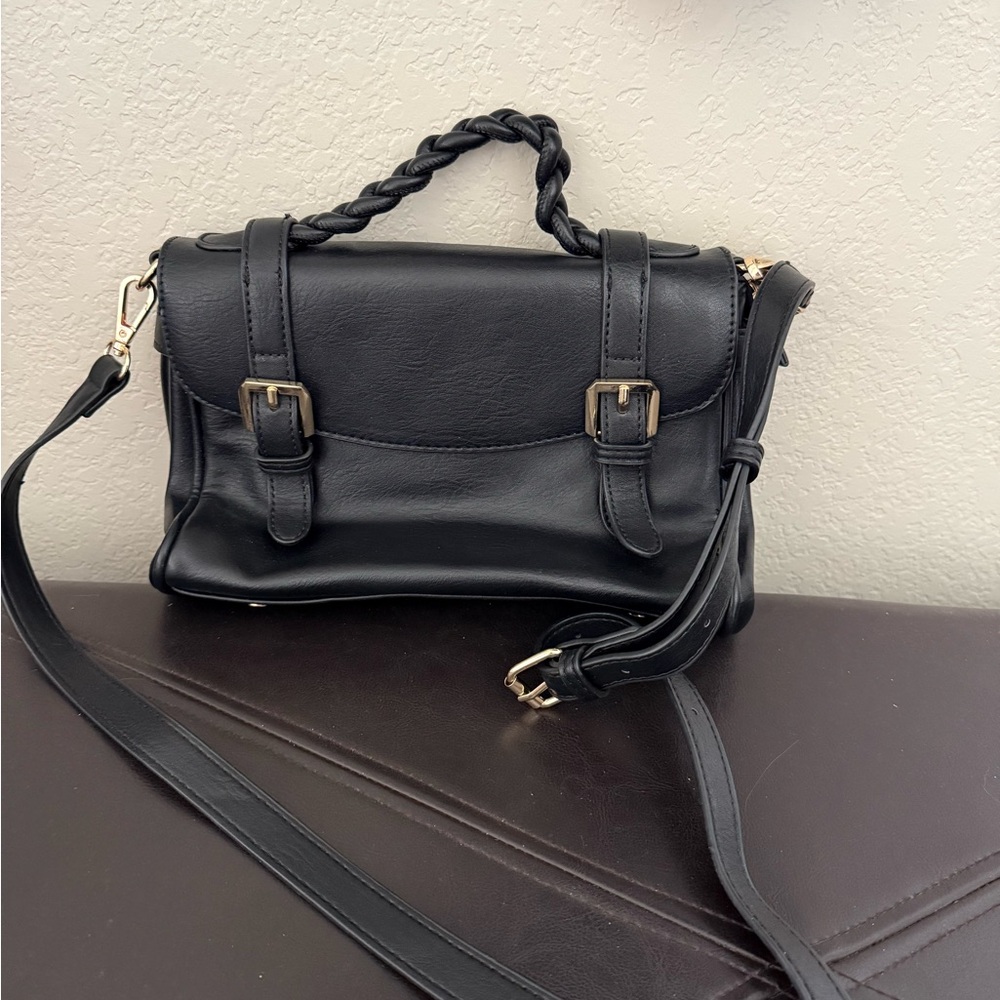 Black Leather Satchel Bag with Braided Top Handle